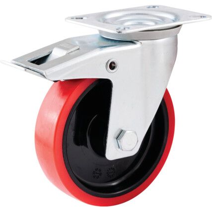 Medium Duty, Castor, 125mm, Braked, Swivel, Top Plate, Polyurethane, Red