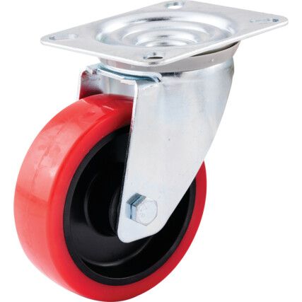 Medium Duty, Castor, 100mm, Unbraked, Swivel, Top Plate, Polyurethane, Red