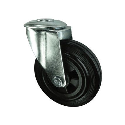 Medium Duty, Castor, 200mm, Unbraked, Swivel, Bolt Hole, Rubber, Black