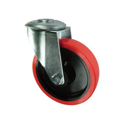 Medium Duty, Castor, 100mm, Unbraked, Swivel, Bolt Hole, Polyurethane, Red