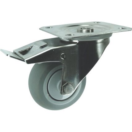 Castor, 80mm, Braked, Swivel, Top Plate, Rubber, Grey