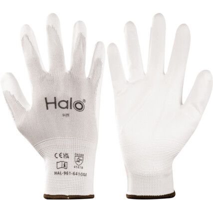 Mechanical Hazard Gloves, White, Nylon Liner, Polyurethane Coating, EN388: 2016, 4, 1, 4, 1, X, Size 8